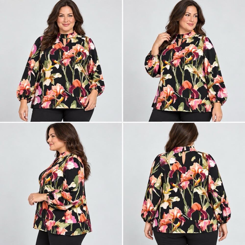 Dennis by Dennis Basso Floral Top Women’s 1X Black Long Sleeve Keyhole